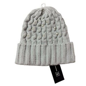 INC International Concepts Grey Knit Beanie Faux Pearl Embelishments